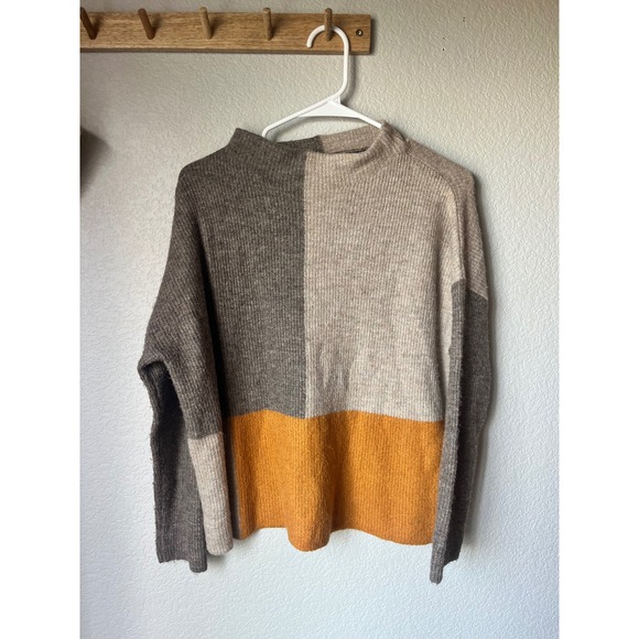 KEREN hart Sweaters - Keren Hart Women Colorblock Ribbed Knit Sweater Mock Neck Brown Beige Mustard M